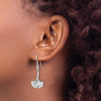 Sterling Silver Rhodium Plated Polished Grooved Ginkgo Leaf Dangle Earrings