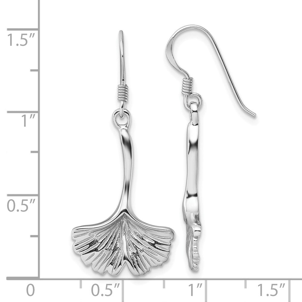 Sterling Silver Rhodium Plated Polished Grooved Ginkgo Leaf Dangle Earrings