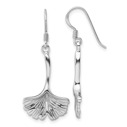 Sterling Silver Rhodium Plated Polished Grooved Ginkgo Leaf Dangle Earrings