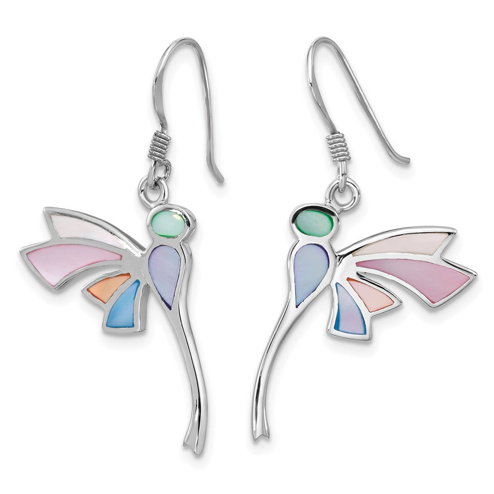 Sterling Silver Rhodium Plated Polished Multi-Color Dragonfly Mother of Pearl Earrings