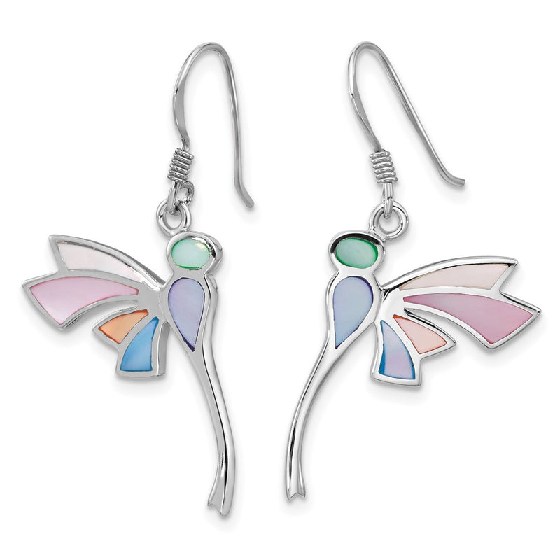 Sterling Silver Rhodium Plated Polished Multi-Color Dragonfly Mother of Pearl Earrings