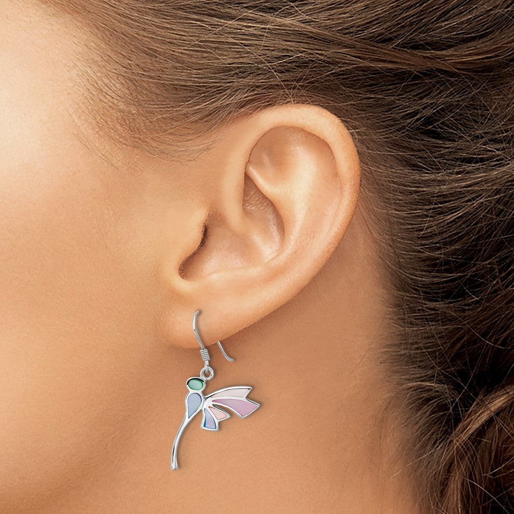 Sterling Silver Rhodium Plated Polished Multi-Color Dragonfly Mother of Pearl Earrings