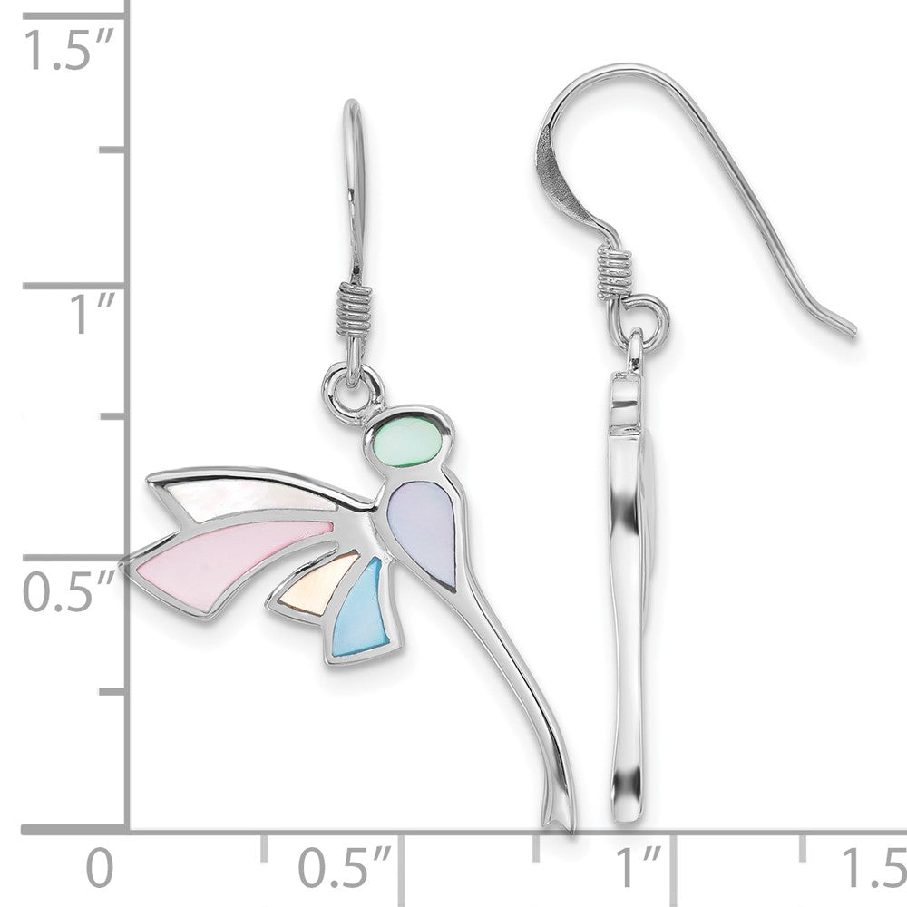 Sterling Silver Rhodium Plated Polished Multi-Color Dragonfly Mother of Pearl Earrings