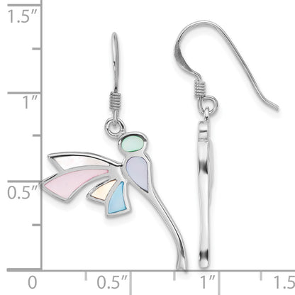 Sterling Silver Rhodium Plated Polished Multi-Color Dragonfly Mother of Pearl Earrings