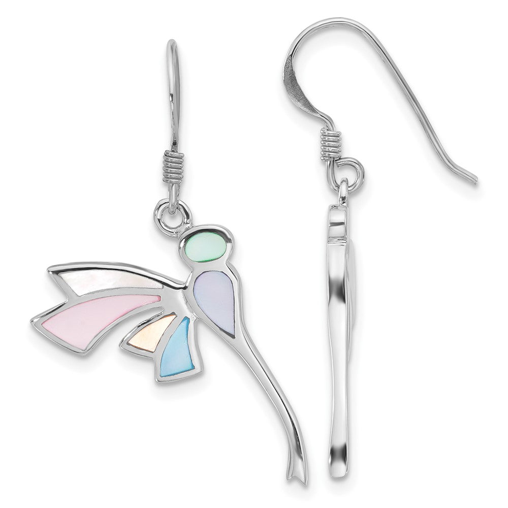 Sterling Silver Rhodium Plated Polished Multi-Color Dragonfly Mother of Pearl Earrings