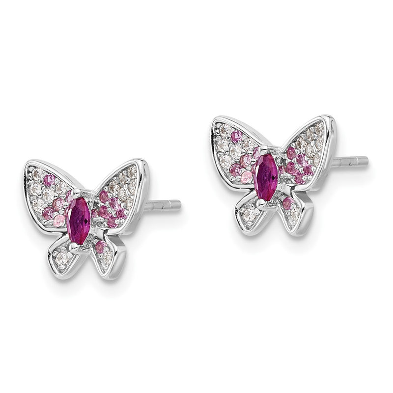 Sterling Silver Rhodium-Plated Pink and White CZ Butterfly Post Earrings