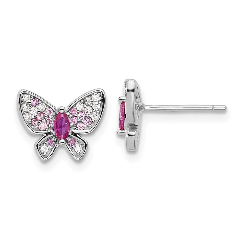 Sterling Silver Rhodium-Plated Pink and White CZ Butterfly Post Earrings