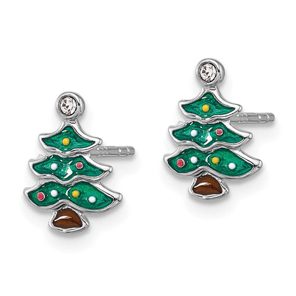 Sterling Silver Rhodium Plated Green Enamel Crystal Christmas Tree Post Earrings