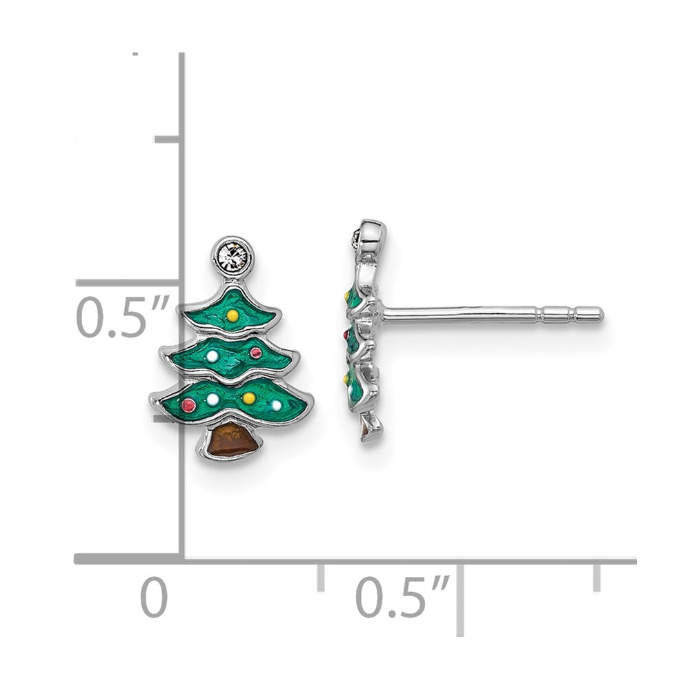 Sterling Silver Rhodium Plated Green Enamel Crystal Christmas Tree Post Earrings