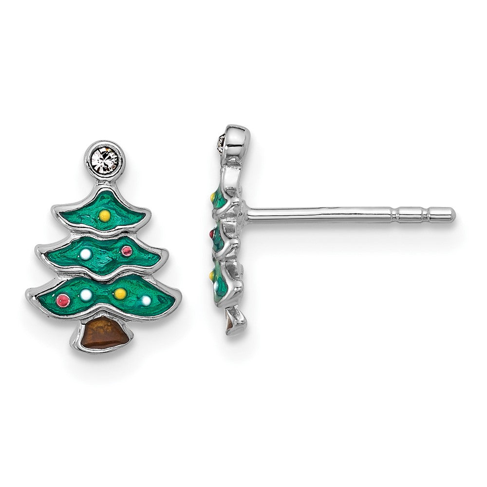 Sterling Silver Rhodium Plated Green Enamel Crystal Christmas Tree Post Earrings