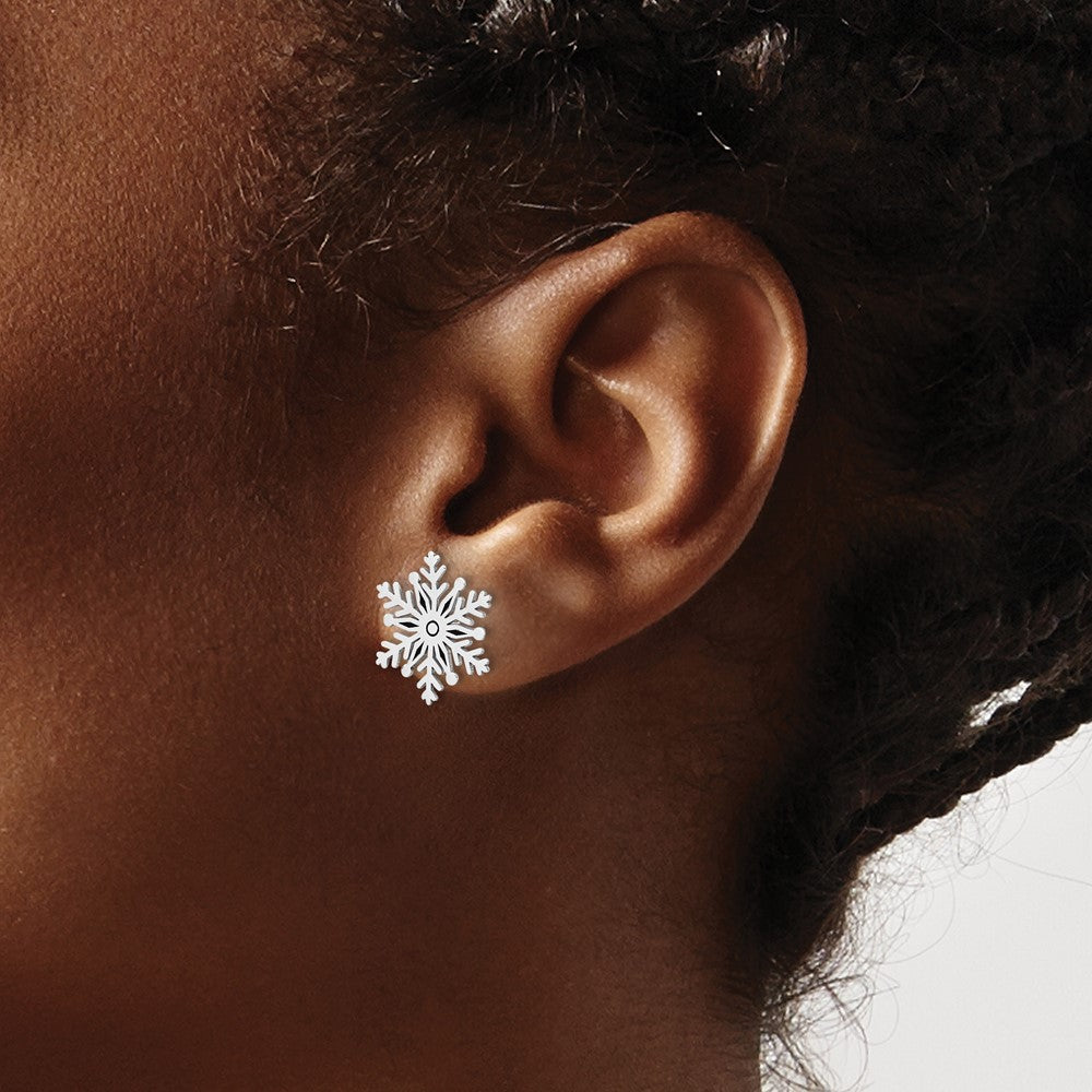 Sterling Silver Rhodium-Plated Enamel Snowflake Post Earrings