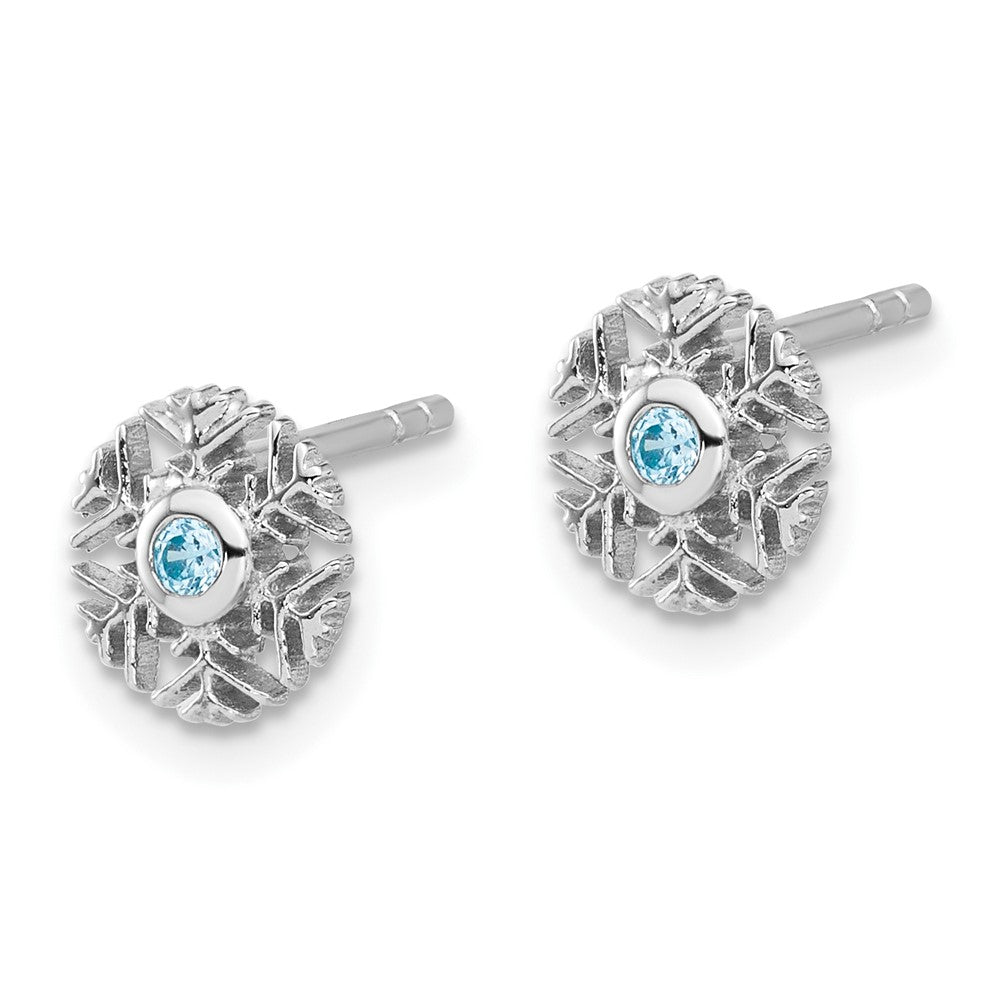 Sterling Silver Rhodium-Plated Aqua CZ Snowflake Post Earrings