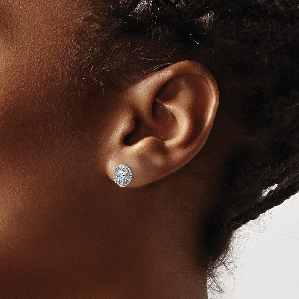 Sterling Silver Rhodium-Plated Aqua CZ Snowflake Post Earrings