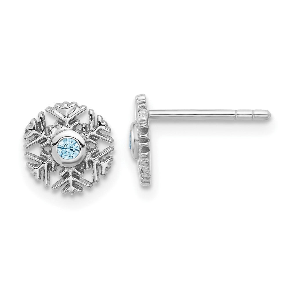 Sterling Silver Rhodium-Plated Aqua CZ Snowflake Post Earrings