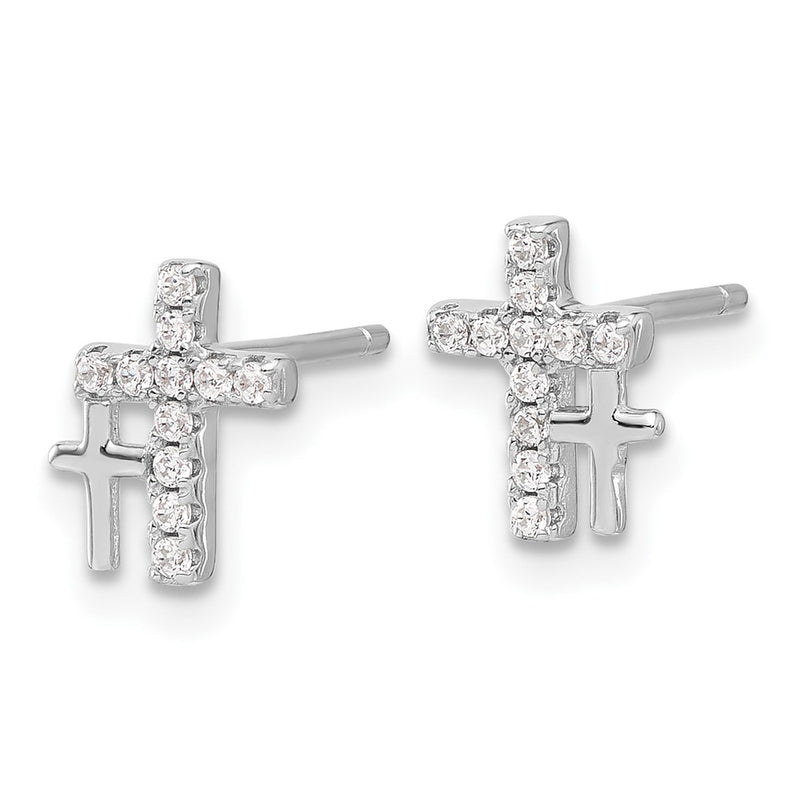 Sterling Silver Rhodium-Plated Polished CZ Double Cross Post Earrings