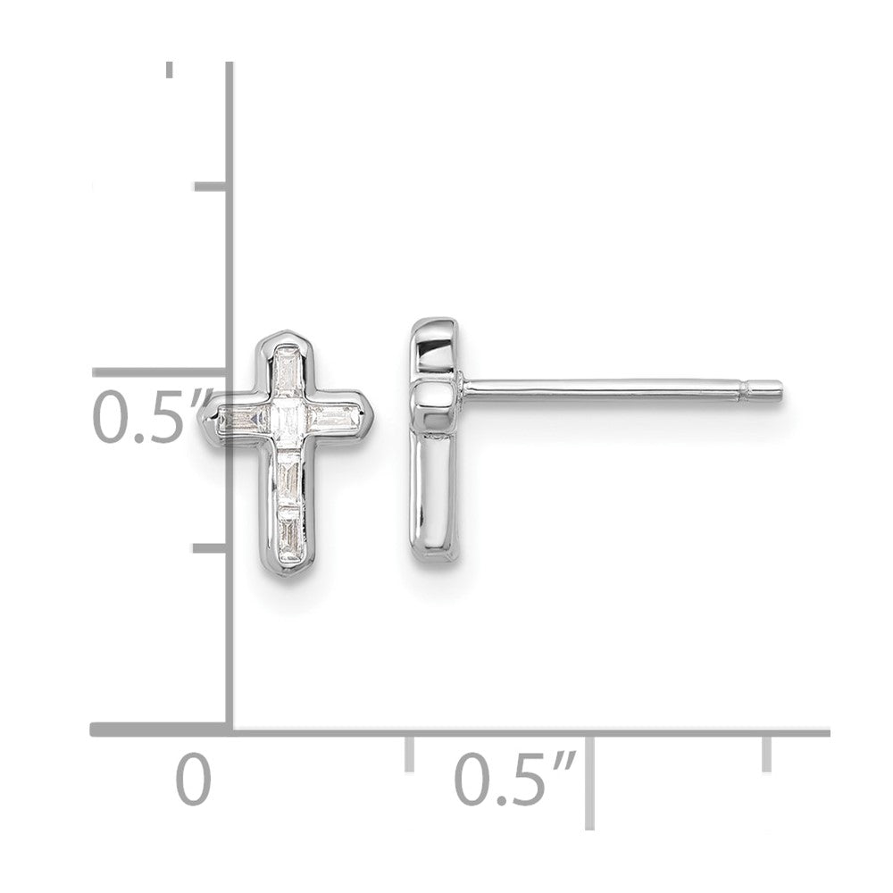 Sterling Silver Rhodium-Plated Polished CZ Cross Post Earrings