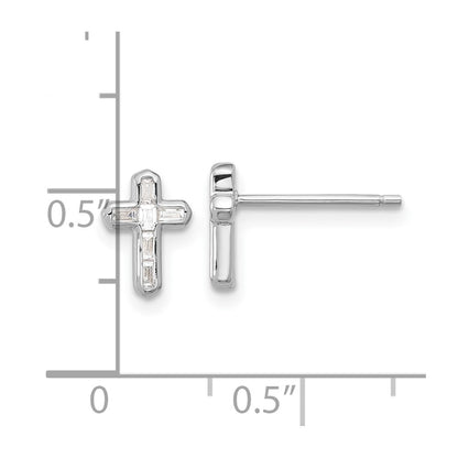Sterling Silver Rhodium-Plated Polished CZ Cross Post Earrings