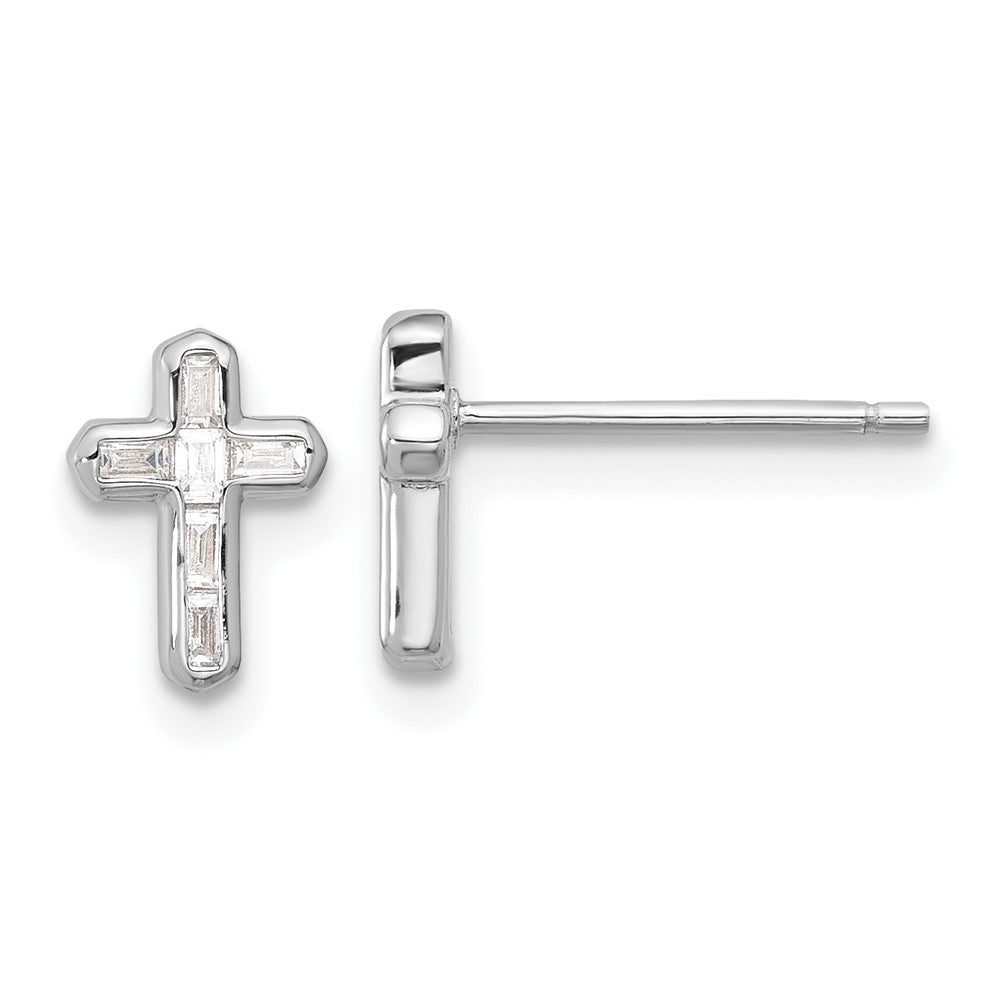 Sterling Silver Rhodium-Plated Polished CZ Cross Post Earrings