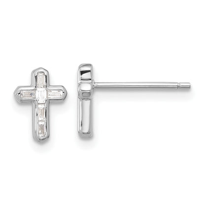 Sterling Silver Rhodium-Plated Polished CZ Cross Post Earrings