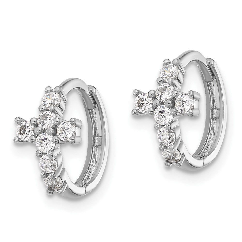 Sterling Silver Rhodium Plated Polished CZ Cross Hinged Round Hoop Earrings