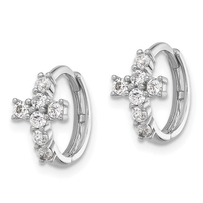 Sterling Silver Rhodium Plated Polished CZ Cross Hinged Round Hoop Earrings