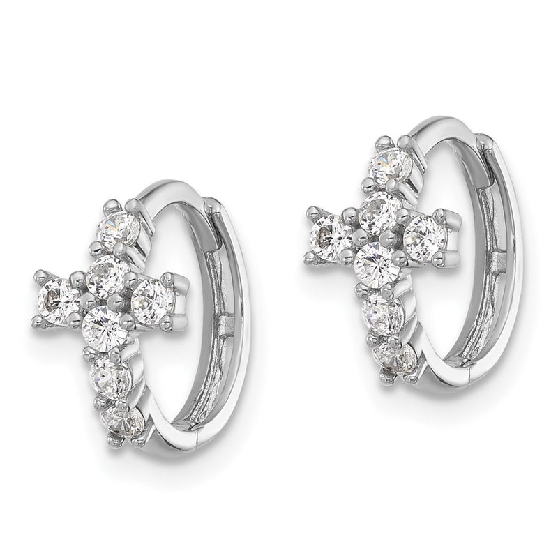 Sterling Silver Rhodium Plated Polished CZ Cross Hinged Round Hoop Earrings