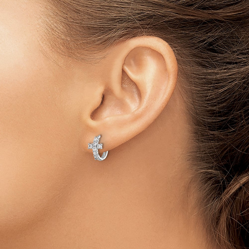 Sterling Silver Rhodium Plated Polished CZ Cross Hinged Round Hoop Earrings