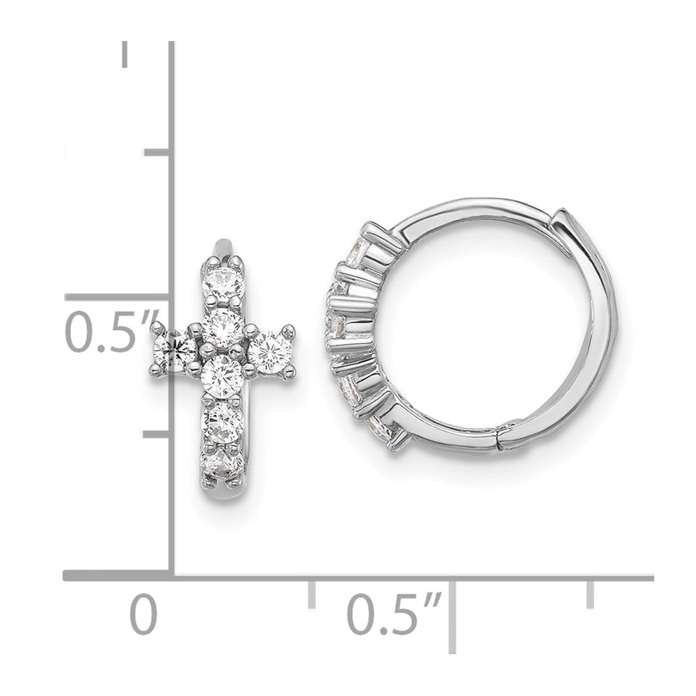 Sterling Silver Rhodium Plated Polished CZ Cross Hinged Round Hoop Earrings