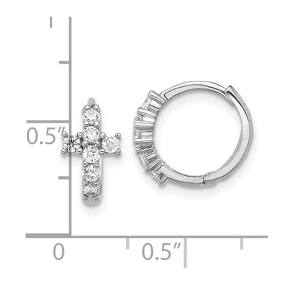 Sterling Silver Rhodium Plated Polished CZ Cross Hinged Round Hoop Earrings