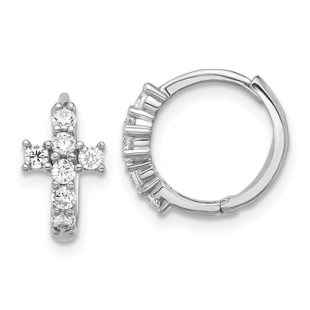 Sterling Silver Rhodium Plated Polished CZ Cross Hinged Round Hoop Earrings