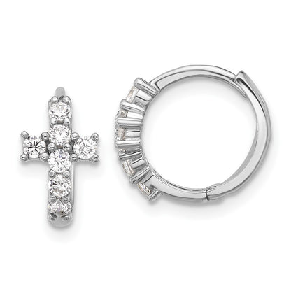 Sterling Silver Rhodium Plated Polished CZ Cross Hinged Round Hoop Earrings