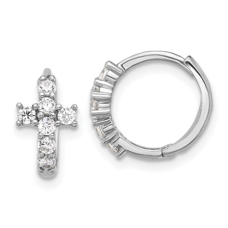 Sterling Silver Rhodium Plated Polished CZ Cross Hinged Round Hoop Earrings