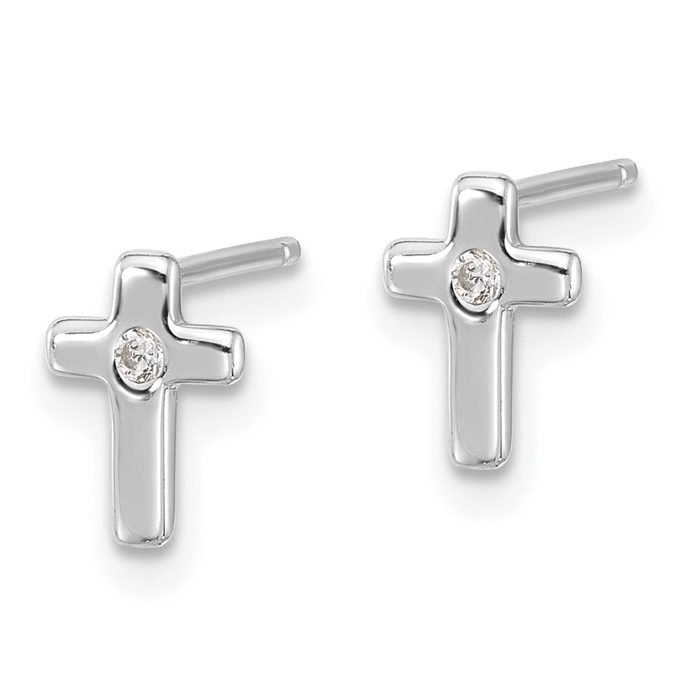 Sterling Silver Rhodium-Plated Polished CZ Cross Post Earrings