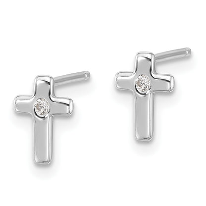 Sterling Silver Rhodium-Plated Polished CZ Cross Post Earrings