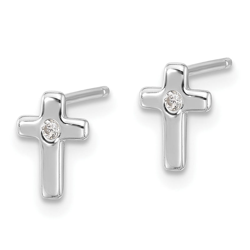 Sterling Silver Rhodium-Plated Polished CZ Cross Post Earrings