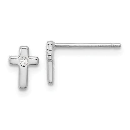 Sterling Silver Rhodium-Plated Polished CZ Cross Post Earrings