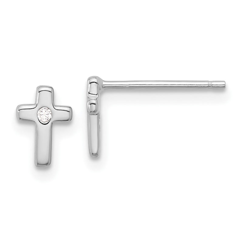 Sterling Silver Rhodium-Plated Polished CZ Cross Post Earrings