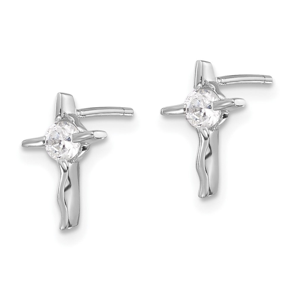 Sterling Silver Rhodium-Plated Polished CZ Wavy Cross Post Earrings
