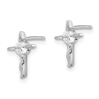 Sterling Silver Rhodium-Plated Polished CZ Wavy Cross Post Earrings