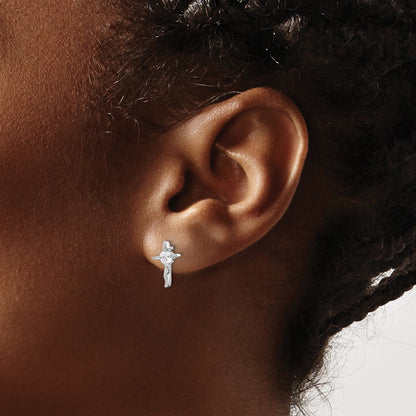 Sterling Silver Rhodium-Plated Polished CZ Wavy Cross Post Earrings