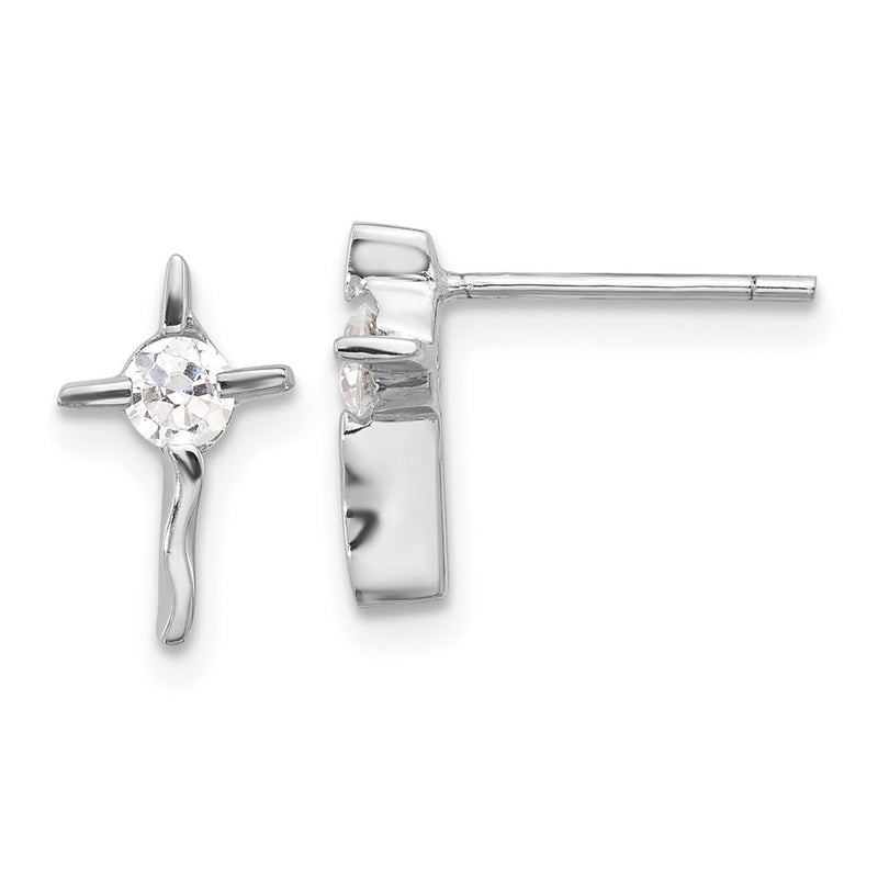 Sterling Silver Rhodium-Plated Polished CZ Wavy Cross Post Earrings