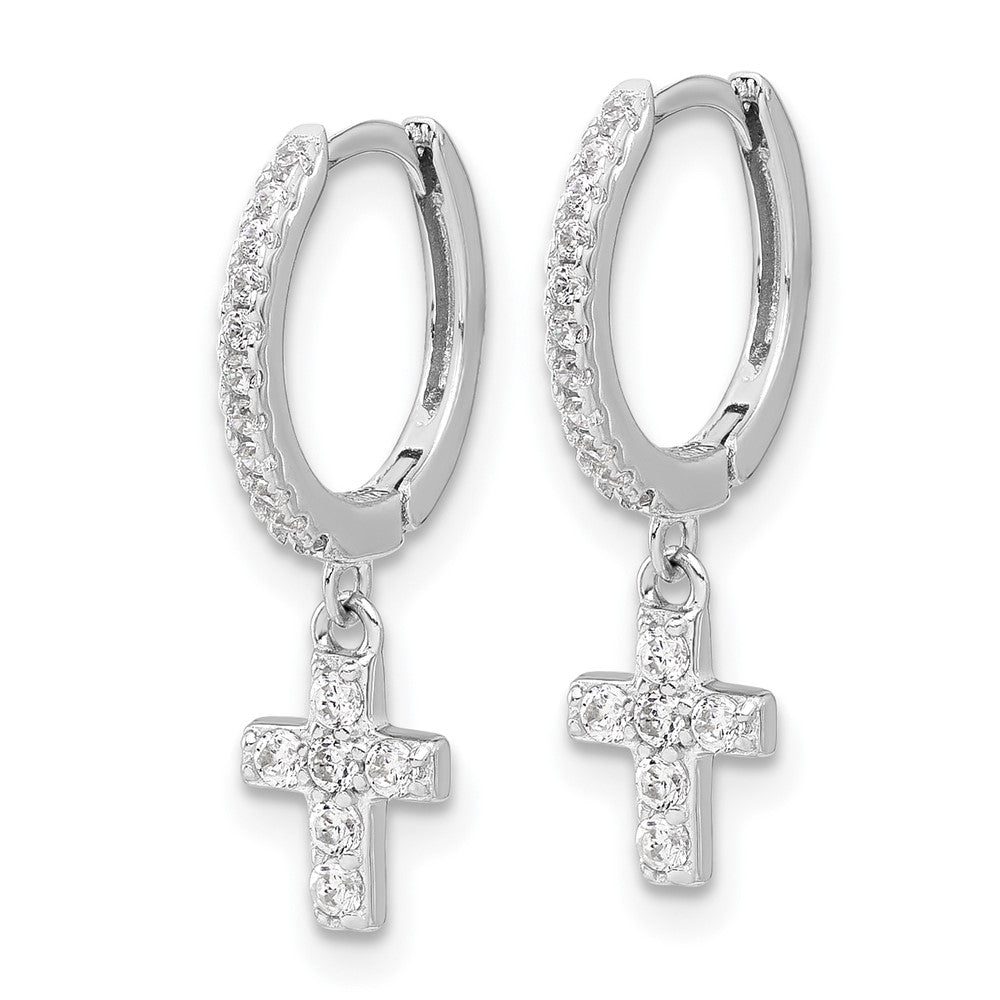 Sterling Silver Rhodium Plated Polished CZ Cross Dangle Round Hoop Earrings