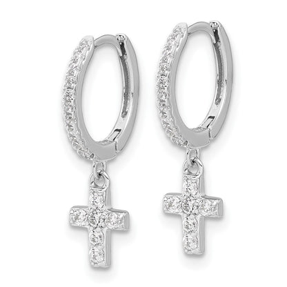 Sterling Silver Rhodium Plated Polished CZ Cross Dangle Round Hoop Earrings
