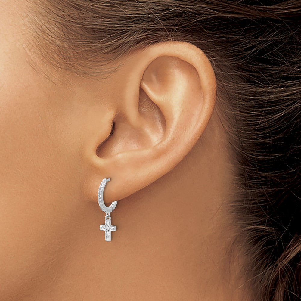 Sterling Silver Rhodium Plated Polished CZ Cross Dangle Round Hoop Earrings