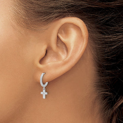 Sterling Silver Rhodium Plated Polished CZ Cross Dangle Round Hoop Earrings