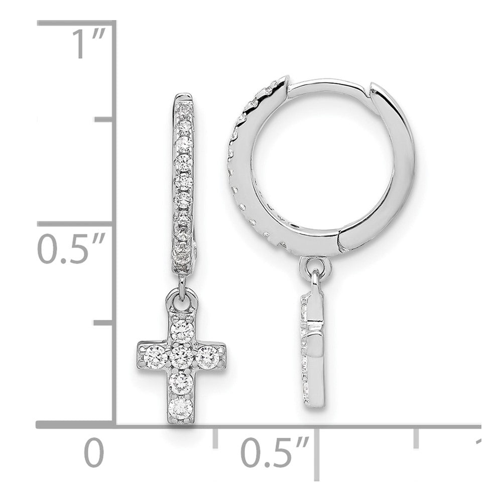Sterling Silver Rhodium Plated Polished CZ Cross Dangle Round Hoop Earrings