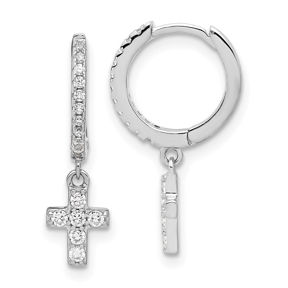Sterling Silver Rhodium Plated Polished CZ Cross Dangle Round Hoop Earrings