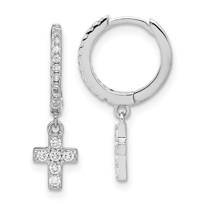 Sterling Silver Rhodium Plated Polished CZ Cross Dangle Round Hoop Earrings