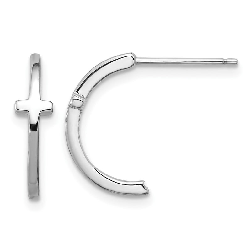 Sterling Silver Rhodium-Plated Polished Cross Post J-Hoop Earrings