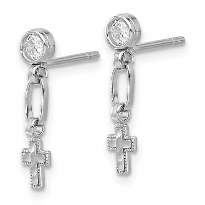 Sterling Silver Rhodium Plated Polished & Textured CZ Cross Post Dangle Earrings